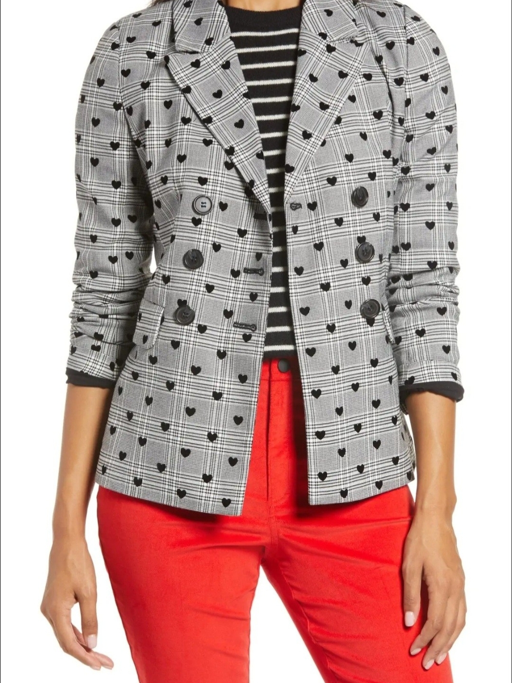 HALOGEN X ATLANTIC - PACIFIC Plaid Heart Flocked Double-Breasted Blazer Size 8